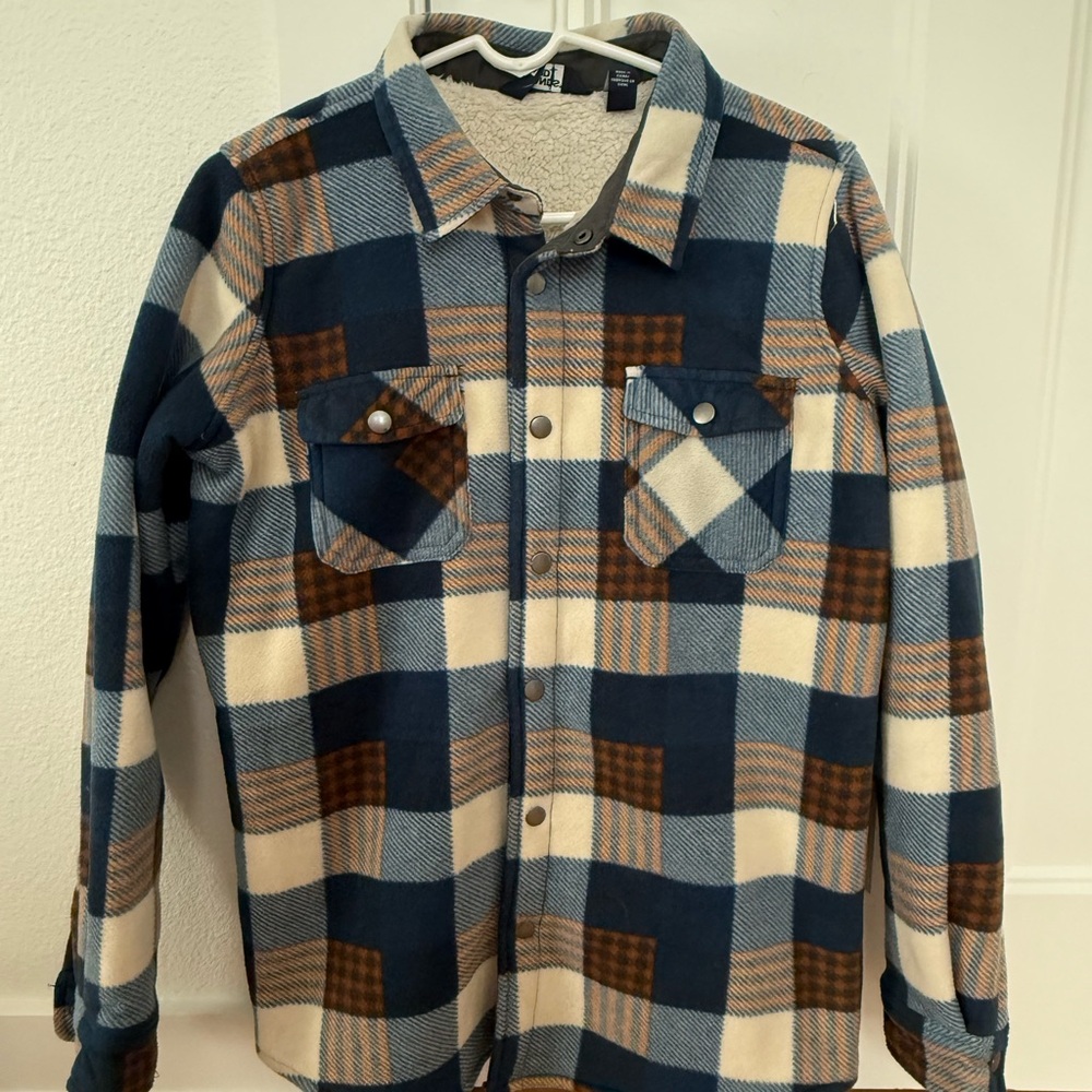 Lands' End Blue and Tan Plaid Fleece-Lined Shirt/Shacket